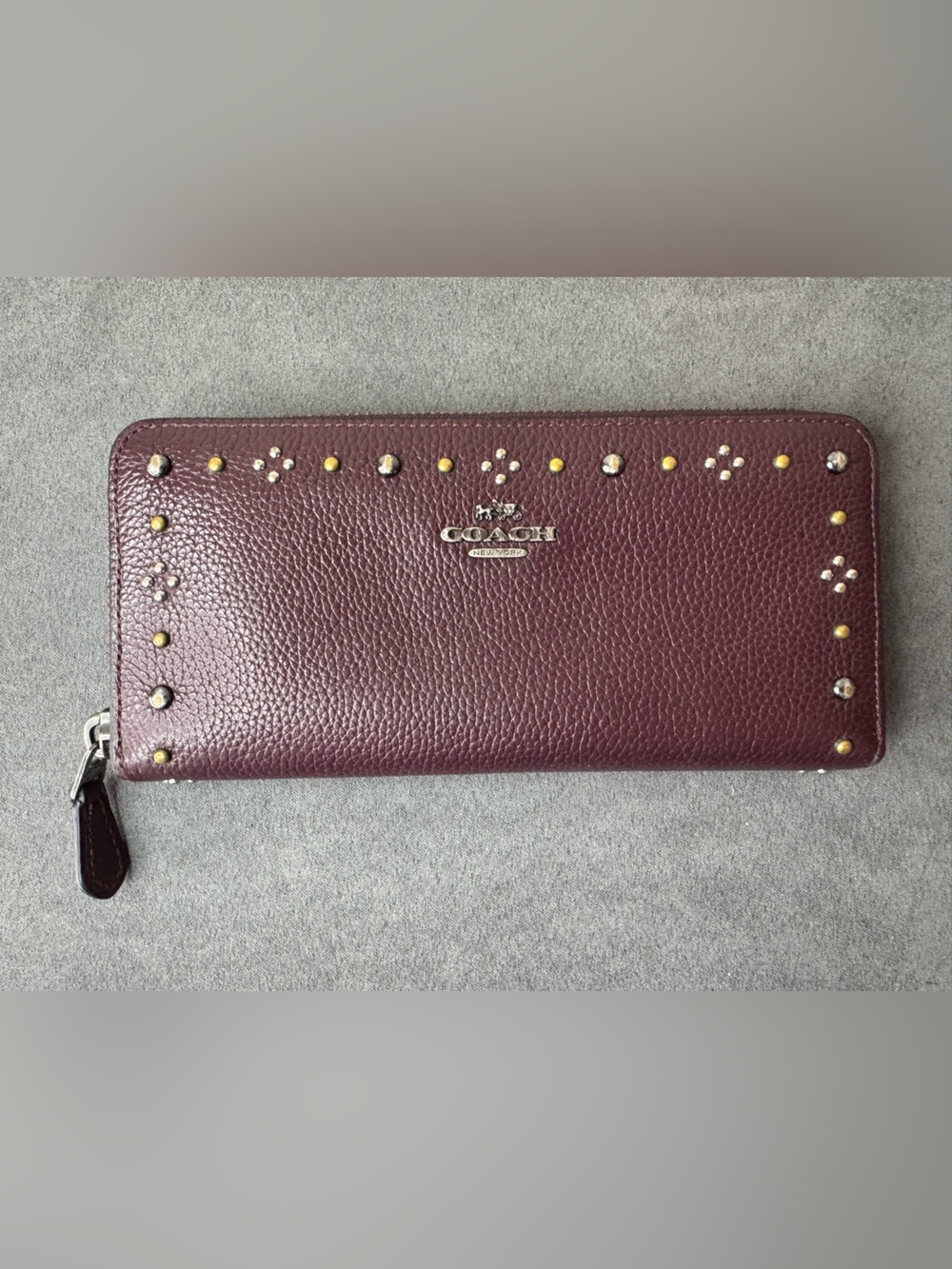 Coach Wine Pebbled Leather Studded Accordion Zip Wallet Burgundy